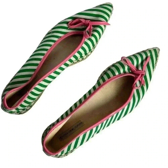 Extra-fine Sugar Espadrilles Size 6 Green/White Stripe with Pink Bow Flats - Picture 6 of 16